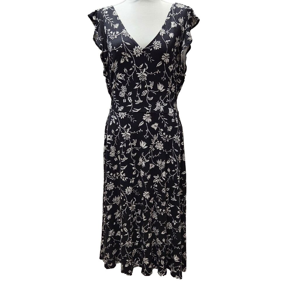 Ann Taylor LOFT Black Floral Ruffle Sleeve V-neck Sash Cutout Midi Dress Size 14